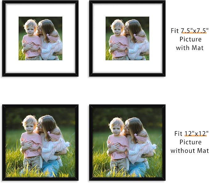 Picrit 12x12 Picture Frame Set of 12, Display 8x8 with Mat or 12 x 12 without Mat, Photo Frames for Wall Mounting Display, Black
