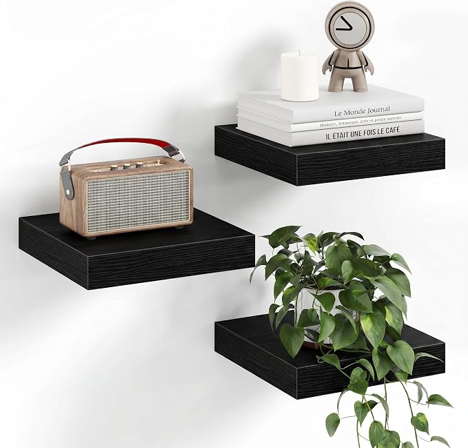 Fun Memories Small Floating Shelves for Wall - 8 Inch Square Wall Shelves with Invisible Brackets, Black Shelves for Bathroom, Living Room, Bedroom, and Kitchen Decor, Set of 3