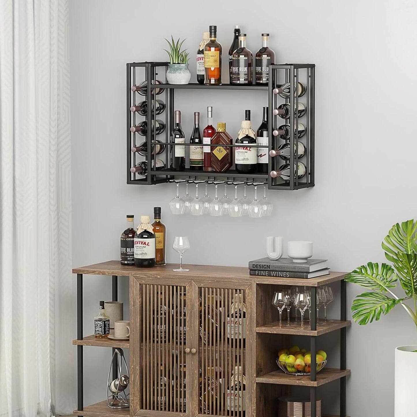 Wall Mounted Wine Rack, Wine Rack Wall Mounted with Wine Glass Rack, 2-Tier Multi-Functional Shelf for Home Restaurant Bar Storage Rack,Black (47.2”W x 9.8”D x 21.65”H)