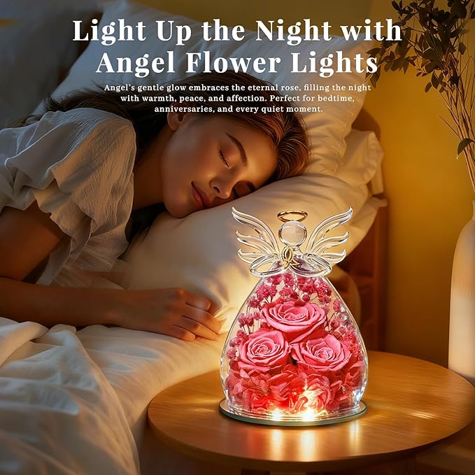 Beferr Mothers Day Mom Birthday Gifts for Women, Fresh Flowers for Delivery Forever Preserved Rose in Glass Angel Figurine, Anniversary Christian Real Rose for Grandma Nana Wife Mum from Daughter Son