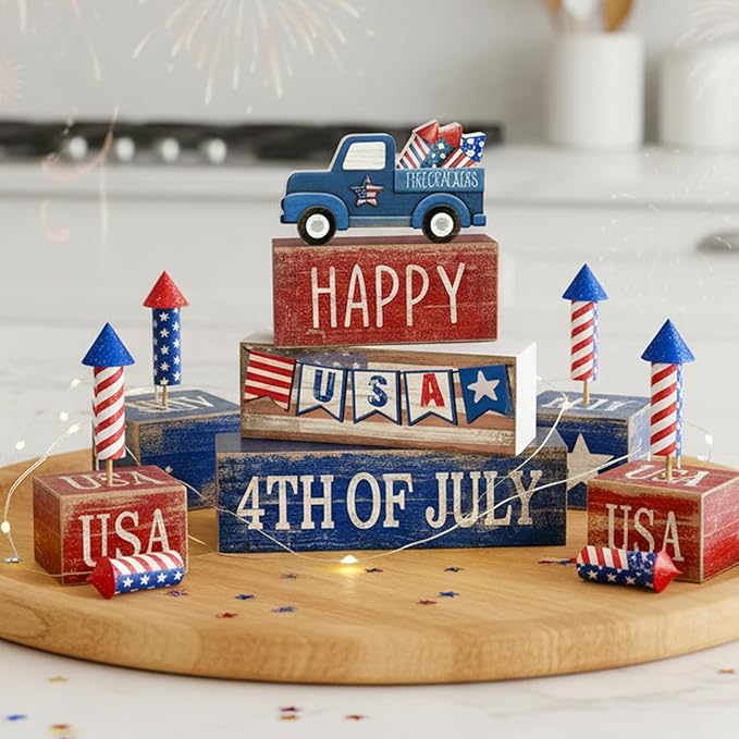 CroBlissful 4 Pcs 4th of July Decorations Patriotic Memorial Day Tabletop Decorations Red White Blue Table Centerpieces Sign for Office Tiered Tray Home Shelf 250th Anniversary(Happy Usa)