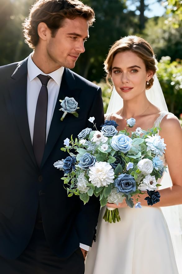 rongflower Blue Artificial Flowers Combo Box Set Silk Flowers Fake Rose for DIY Floral Arrangements Wedding Bouquets Centerpieces Baby Shower Party Home Decorations