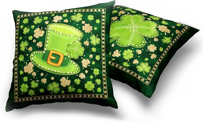 Set of 2 St Patrick Decorative Pillow Covers Gold Green Plaid Shamrock Decorative Pillow Cases 24x24 Lucky Charm Clover Hat Couch Cases for Spring March Holiday Home Decor