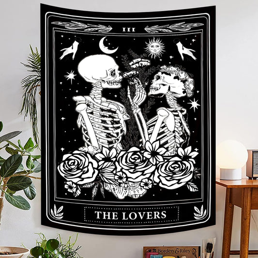 Onivein The Lovers Skull Tapestry Gothic Tapestry Vertical Black and White Skeleton Gothic Witch Sun Moon Floral Plant Snake Tapestries Wall Hanging Decor for Bedroom Dorm Room 30 x 40 Inches