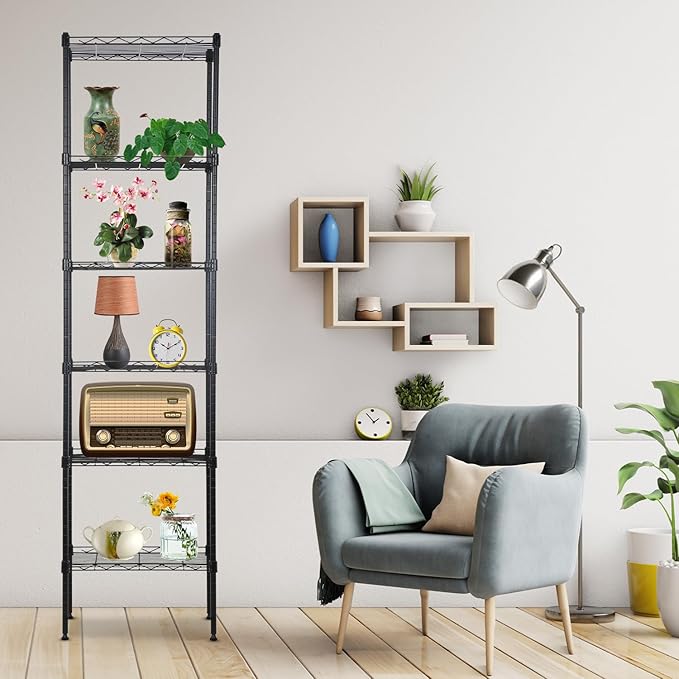 PayLessHere | 6-Tier Wire Shelf | 17"x12"x64" | Black | Adjustable Racks | Heavy-Duty Storage Shelves, Holds Upto 600 lbs | Rust-Resistant, No-Tool Assembly | for Home, Garage Shelving