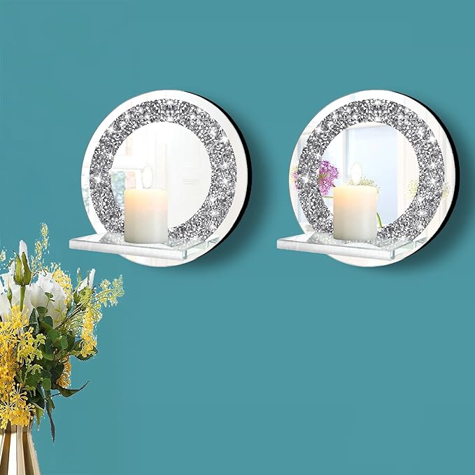 ZOLAPI Set of 2 Crystal Crush Diamond Candle Sconces, Gorgeous Silver Mirrored Wall Sconce, Candle Holder Glass Wall Decorations for Home Décor, Living Room, Dining Room.Round