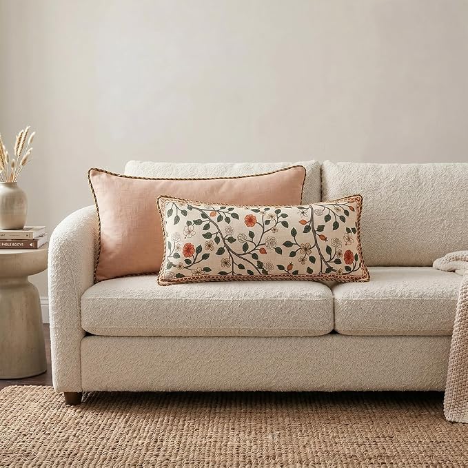 ISAENNE Designer Elegant Linen Throw Pillow Cover,Set of 2,28"x12"-Flora A | French Rectangle Decor Pillow Cover,Concealed Zipper Design,Floral Pattern,Sofa,Bedroom,Living Room,Lounge Chairs