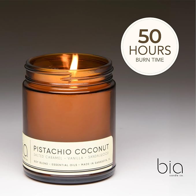 Bia Candle Co Pistachio Coconut Soy Candle, Salted Caramel Tonka Vanilla Scent, Perfume Inspired, Hand Poured USA, High Fragrance Load, Lead-Free Wick, Reusable Glass Jar, Dessert Candle, 7 oz