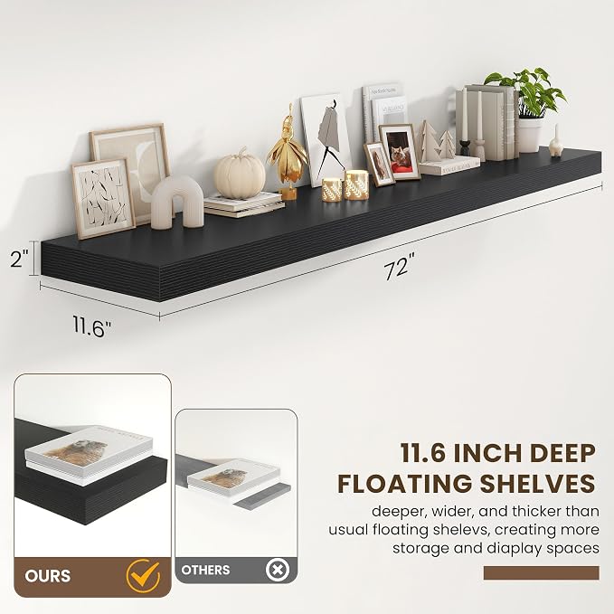 FLYJOE 72 Inch Floating Shelves | 12 Inch Deep Black Floating Shelves Set of 2 | 72" W x 12" D Rustic Black Wood Wall Shelves for Bathroom Living Room Kitchen Laundry Room