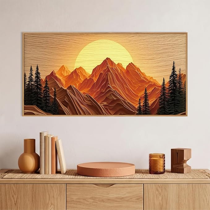 Large Boho Golden Mountain Framed Canvas Wall Art Set, Abstract Ridge Sunset Landscape Wall Decor, Natural Wooden Pine Tree Scenery Artwork for Living Room,Bedroom,Office-20 x40