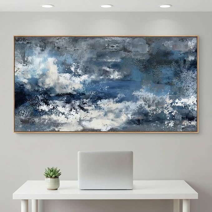 The Mode Art Framed Wall Art Abstract Ocean Canvas Pictures Blue White Grey Modern Seascape Artwork for Living Room Bedroom Office 20x40inch