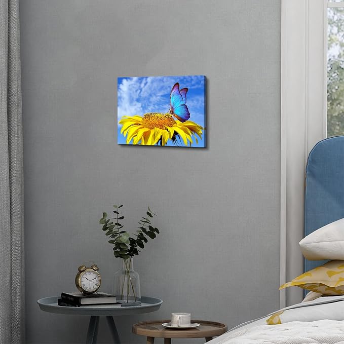 Sunflower Wall Art Bathroom Decor Butterfly Pictures Blue Sky Nature Landscape Canvas Prints Kitchen Sunflower Painting for Living Room Artwork Yellow Floral Posters Bedroom Home Decorations 12x16"