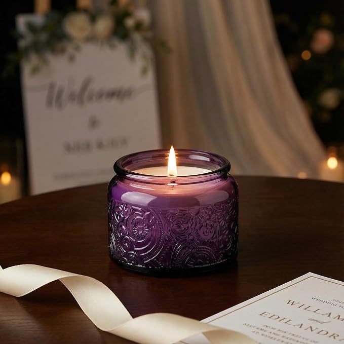 4 oz Purple Sun Moon Stars Candle Jars with Bamboo Lids, 18 Pack | Patented Embossed Design, Includes Wick Centering Devices & Warning Labels, Multiple Color Options