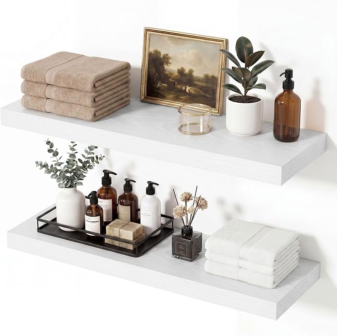 Vivelove Wall Floating Shelves for Display with Invisible Brackets, 24 Inch Floating Shelves for Bedroom Bathroom Living Room Kitchen Office, 24”X 8" X 1.4", Set of 2 - White