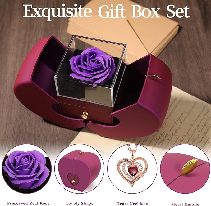 Preserved Purple Real Rose with Heart Necklace, Forever Flowers Rose Valentines Day Gifts for Her, Girlfriend, Wife, Mom, Women, on Mothers Day, Birthday, Anniversary, Thanksgiving, Christmas