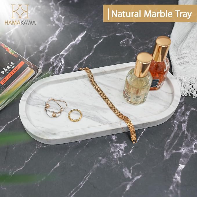 Oval Bathroom Vanity Tray, Large Natural Marble Tray 10 inch, Volakas White Stone Soap Trays, Modern Perfume Trays, Countertop Organizer for Kitchen, Coffee Table, Home Decor