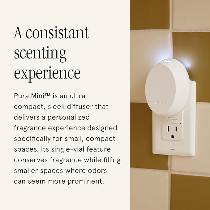 Pura Mini Smart Fragrance Diffuser for Small Spaces Adjustable Smart Home Device with LED Light & Automatic Vial Detection - Includes 1 Scent Refill - White Tea no.1
