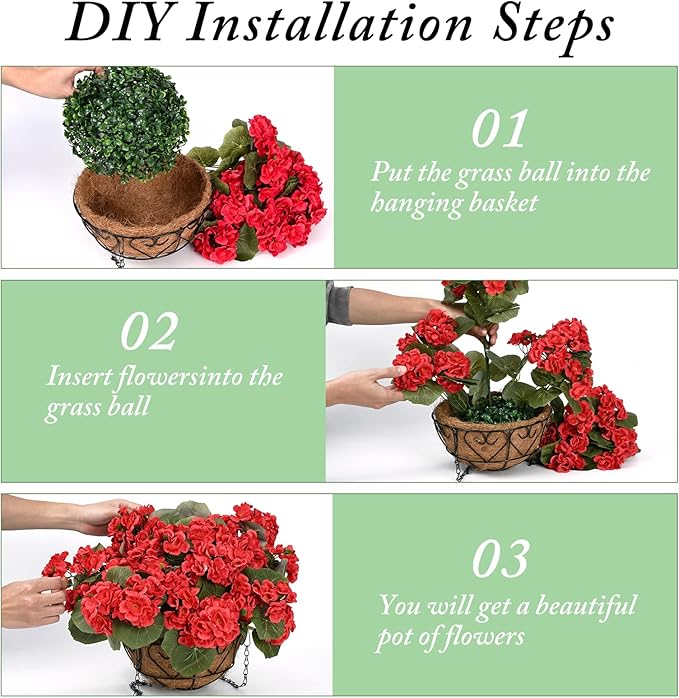 Waipfaru 2 Set Artificial Geraniums for Outdoors with Hanging Baskets, 12 Bundles UV Resistant Artificial Outdoor Plants, Fake Red Flowers for Spring Front Porch Home Patio Balcony Yard Decor