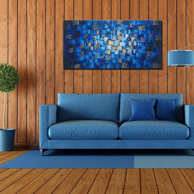 MyArton Large Thick Abstract Dark Blue add Golden&Silver Square Wall Art Hand Painted Artwork Textured Oil Painting on Canvas Framed Ready to Hang 60x30inch