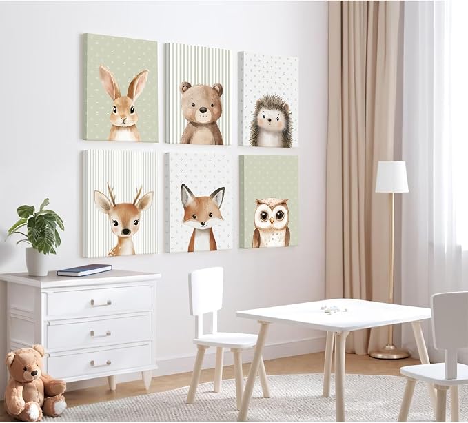Woodland Animal Nursery Wall Art Baby Kids Canvas Poster Safari Animal Wall Decor Jungle Forest Prints Bear Fox Deer Pictures Sage Green Painting Neutral Artwork for Bedroom 12x16x6 Inch Ready to Hang