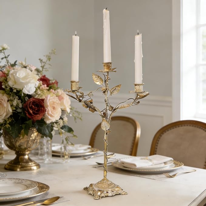 Vintage 3-Arm Metal Candelabra, Distressed Gold Leaf & Floral Design Candle Holder, 14.37" Tall Tabletop Candlestick Stand for Wedding, Dining Table & Home Decor