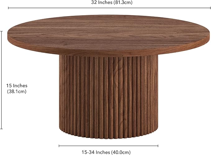 Henn&Hart 32" Fluted Round Wooden Pedestal Low-Profile Coffee Table for Living Room, Family Room, Office, or Apartment, Medium Walnut