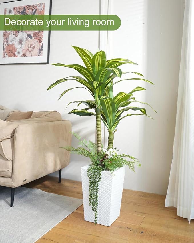 Artificial Plants Indoor, 4FT Tall Fake Tree with White Tall Planter, Artificial Dracaena Tree for Living Room Office Home Decorations Housewarming Gifts