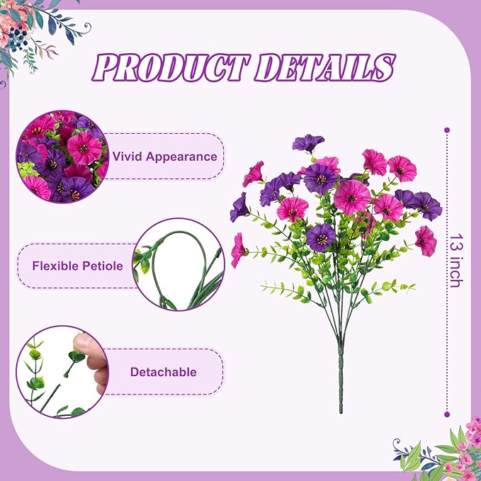 Hrobek Artificial Flowers for Outdoors, 12 Bundles Fake Plastic Flower Plant, UV Resistant Faux Colorful Silk Morning Glory Petunias for Spring Summer Outside Garden Porch Front Door Decor, Purple