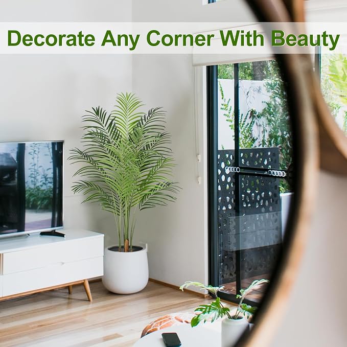 5ft Artificial Palm Tree Indoor Plant Tall Fake Tropical Paradise Palm Tree in Pot with Real Bark Design Faux Areca Palm Tree for Home Office Living Room Bedroom Farmhouse Modern Decor 1pcs