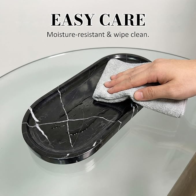 Black Marble Vanity Tray - 100% Natural Stone Bathroom Countertop Organizer for Perfume & Jewelry, 10" Decorative Plate for Toilet Tank