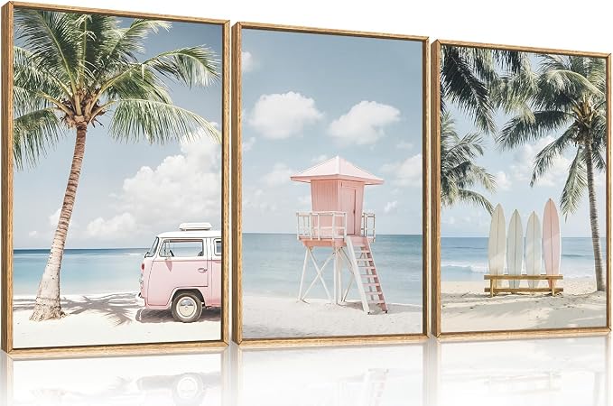 Large Beach Seascape Ocean Framed Canvas Wall Art Set,Modern Coastal Surfboard Palm Tree Wall Decor,Summer Pink Van Artwork for Living Room,Bedroom,Dining Room,Office-24 x36 x3