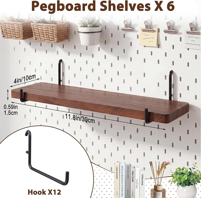 Novabright 6 Pcs Walnut Color Pegboard Shelves Set with Metal Brackets Hooks 11.8 x 4'' Wall Wooden Pegboard Shelving Heavy Duty Accessories for Crafts Office Garage, Compatible with IKEA Skadis