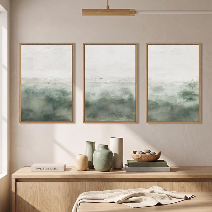 Large Abstract Grey Green Framed Canvas Wall Art,Watercolor Neutral White Wall Decor,Modern Pastel Wall Painting,Illustrations Artwork for Living Room,Bedroom,Dining Room,Office -16"x24"x3