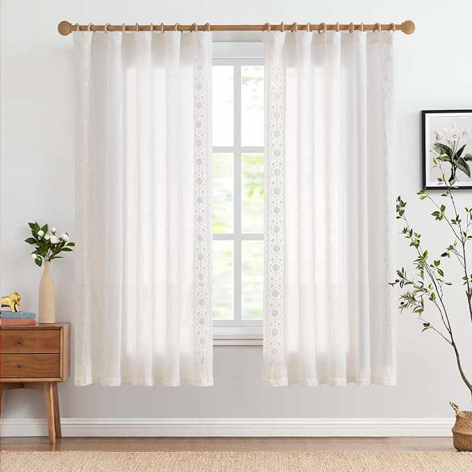jinchan Weslie White Linen Curtains for Bedroom Vintage Floral Farmhouse Curtains 72 Inches Long Linen Drapes for Living Room Embroidered Drapes Light Filtering Rustic Cottagecore Off White 2 Panels