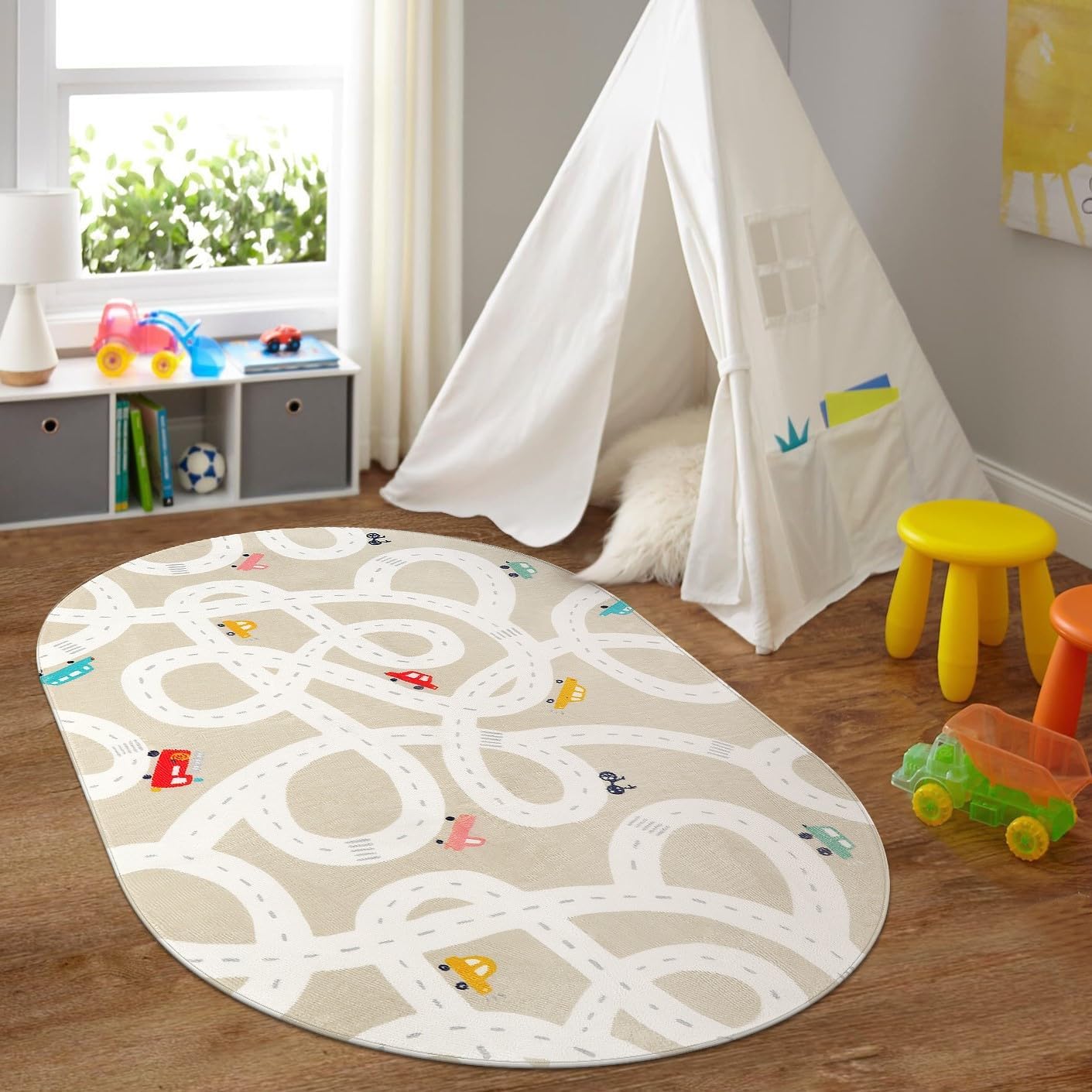 STARUIA Large Kids Rug for Playroom, 4'x6' Washable Road Rug for Nursery, Non-Slip Car Rugs for Boys Room, Tan Traffic Classroom Rugs Soft Baby Play Mat for Dorm Toy Room Tent