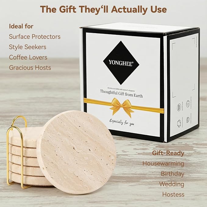 Set of 6 Travertine Marble Coasters with Holder, Elegant Rustic Farmhouse Table Accent, Neutral Warm Beige Stone Drink Coasters for Any Home Decor, Gift Boxed for Housewarming Wedding Hostess