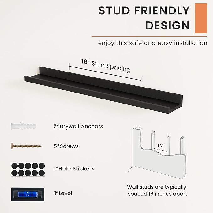 FLYJOE Picture Ledge Shelf, Floating Shelves Set of 2, 32 Inches Nursery Book Shelves for Toys Storage, Kids Bookshelf Wall Mounted for Living Room Bedroom Decor Books Photo Frames, Black