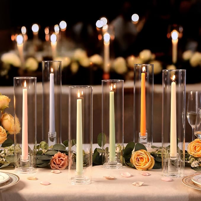 NITIME 12 Set Hurricane Glass Candle Holders for Taper Candles, Set of 3 Assorted Heights Windproof Glass Tubes (11.8/12.6/13.8") & Bases, Candlestick Holders for Wedding Table Decor, Party, Events