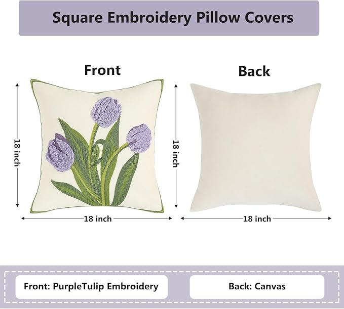 Purple Tulip Flower Pillow Covers 18x18 inch Pack of 2 Embroidery Throw Pillow Covers Spring Summer Pillow Covers for Couch Cotton Canvas Cushion Cover Square Farmhouse Floral Decor Pillow Case