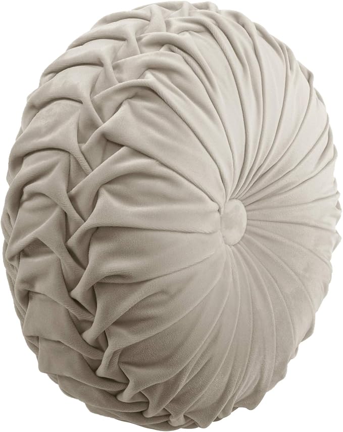 Lush Decor Round Pleated Soft Velvet Decorative Throw Pillow, 1 Count, 15" Diameter, Taupe - Neutral Plush Round Pillow, Seat Cushion, Decorative Pillows For Bed, Couch, Or Chair