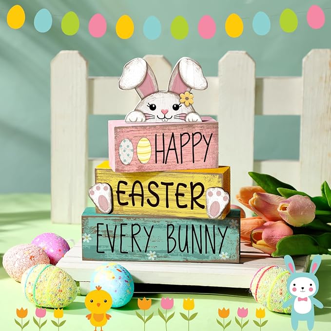 Moucuny 4 Pcs Easter Table Decorations Bunny Tiered Tray Decor Wooden Bunny Block Signs for Family Gatherings, Reusable Happy Easter Centerpiece for Kitchen, Home Shelf, Office & Spring Party Tables