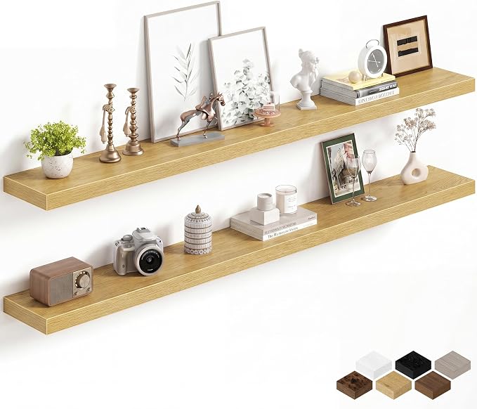 Fun Memories 67Inch Long Floating Shelves, 8 Inch Deep Shelves for Bedroom|Living Room, Wall Mounted Wood Hanging Shelf with Invisible Brackets for Fireplace Mantel Home Storage Decor, Oak - 2 Pack