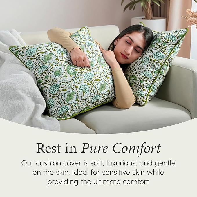 CPC 100% Cotton Throw Pillow Covers 16X16 Green Block Print Pattern Couch Pillow, Cute Boho Decorative Pillows for Living Room, Bedroom with Hidden Zipper- Agate Green