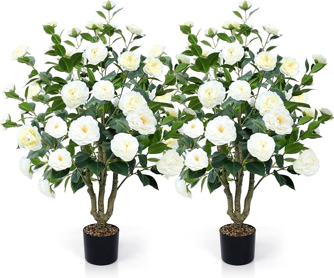 Artificial Camellia Tree 2 Pack 42" Faux Camellia Plant in Pot with 32 Blooming Flowers Fake Flower Tree Greenery Potted Plant for Indoor Outdoor Office Home Porch Decor White