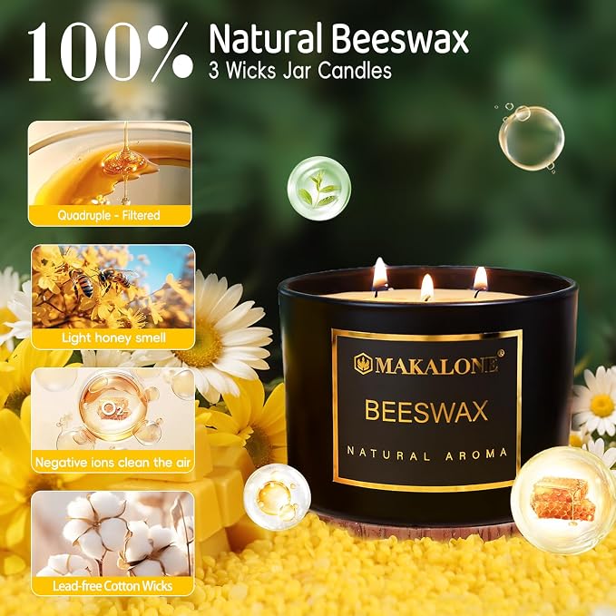 3 Wick Beeswax Jar Candle - 42 Hour Long Lasting Burn,Natural Air Purifying Candle,Non-Toxic,Smokeless Beeswax Candles in Glass Jar for Home Fragrance,Yoga Relaxation & Home Decor Ambience & Gift