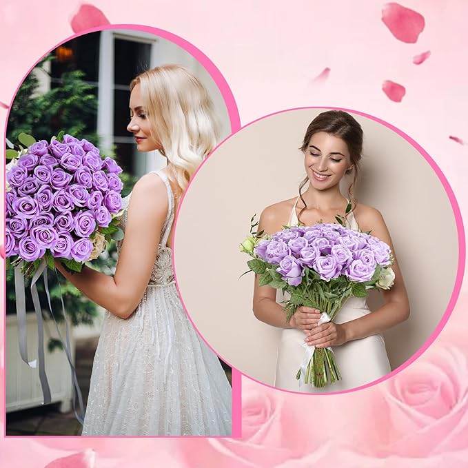 36 Pcs Silk Purple Rose Bouquet Bridal Artificial Flowers,Fake Rose Long Stem Realistic Artificial Flowers Bulk for Wedding Bouquet Ball Arrangement Centerpiece Party Decor