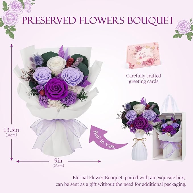 Preserved Flowers Bouquet 4 Roses with Vase,Flowers for Delivery Prime That Last 3-5 Years Real Forever Flowers Rose Bouquet for Mom Mother Women Wife Friends Birthday Mother's Day