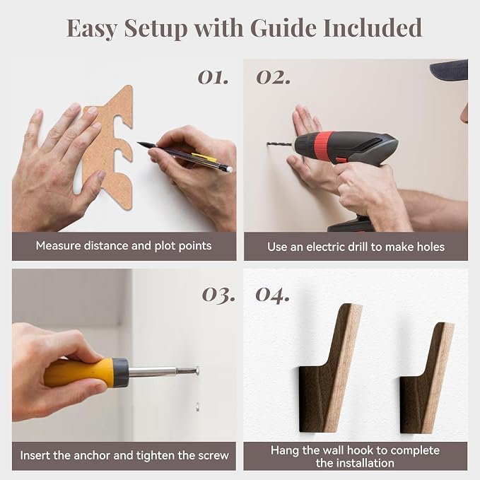 4-Pack Solid Walnut Wall Hooks, Coat & Entryway Hooks for Bathroom/Kitchen, Wall-Mounted with Screws, Anchors & Template, Holds Coats, Backpacks, Towels, Aprons (22 lb Each)