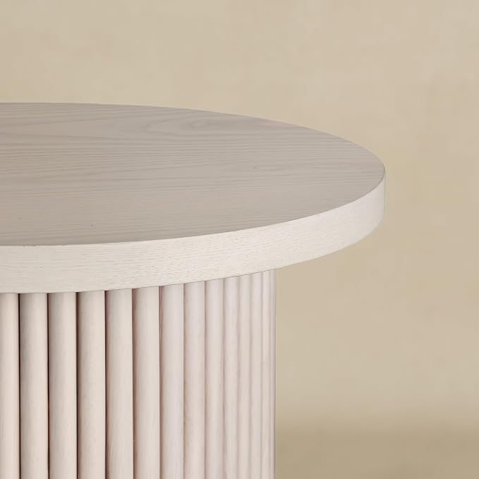 Farmhouse End Table Fully Assembled with Fluted Column, 16.93" Drum Side Table for Living Room, Natural White Finish Pedestal Table for Bedroom, Boho Rustic French Country Decor