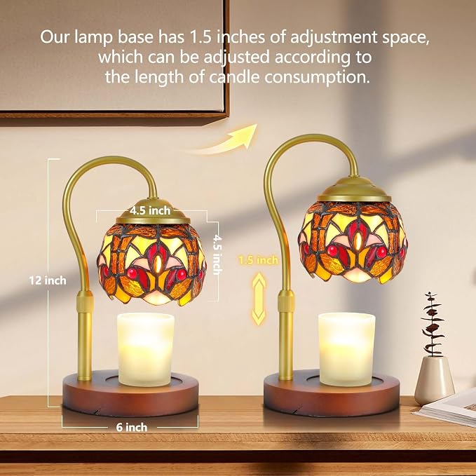 Candle Warmer Lamp - Vintage Tiffany Style Wood Base Timer | Rsbrillialite Vintage Candle Warmer Lamp - Tiffany Style Baroque Stained Glass Decor with Timer, Wood Base & 2 GU10 Bulbs